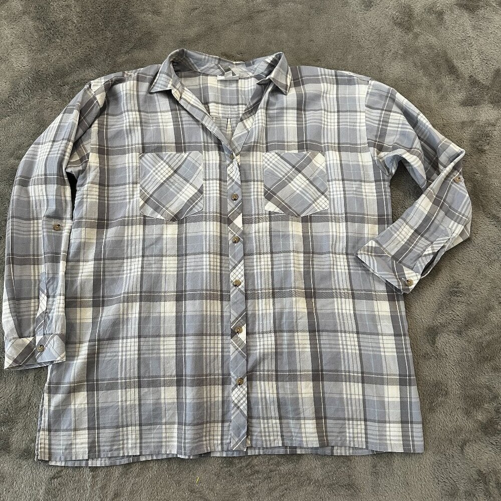 J. Jill Cotton Lyocell Blue Plaid Oversized Button Up Shirt Blouse MEDIUM